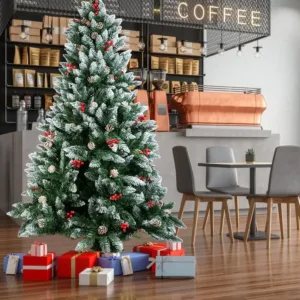 6/7FT Realistic Green Artificial Christmas Tree,Unlit,Decorated with Natural Pinecones & Holly Berries, Quick Setup,Metal Stand