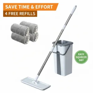 4 Piece Magic Spin Mop and Bucket System 360 Degree Flat Head Mop Wet/Dry Floor Cleaner for Kitchen Bathroom Living Room Wood