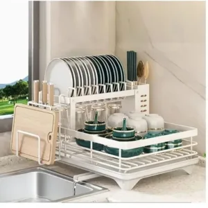 Double-Tier Extendable Dish Drainer – Large-Capacity Utensil Rack & Draining Board for Kitchen Worktops
