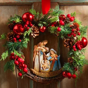 Red Christmas Wreath Jesus Sacred Wreath Home Door Hanging Artificial Garland Christmas Home Decoration Party Supplies