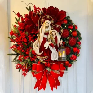 Red Christmas Wreath Jesus Sacred Wreath Home Door Hanging Artificial Garland Christmas Home Decoration Party Supplies