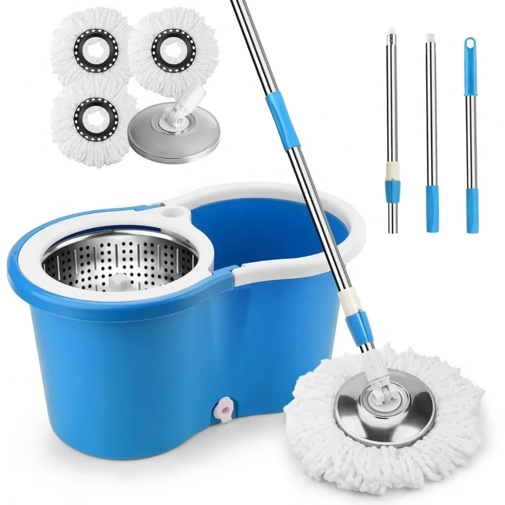 Spin Mop Bucket System, 360° Rotating Floor Cleaner for Home, Adjustable Stainless Steel Handle, 3 Mop Heads