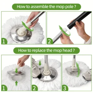 Spin Mop Bucket System, 360° Rotating Floor Cleaner for Home, Adjustable Stainless Steel Handle, 3 Mop Heads