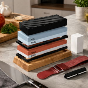Whetstone sharpening kit with bamboo base, angle guide, and leather strop