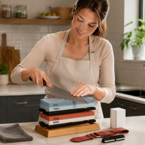 Home cook sharpening a kitchen knife with a dual-grit whetstone