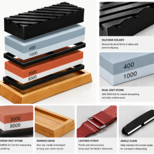 Knife sharpening stone kit details with non-slip holders and bamboo base