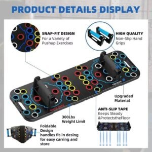 Foldable push up board details with non-slip handles and base