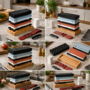 Complete whetstone kit with dual-grit stones, bamboo base, strop, and angle guide