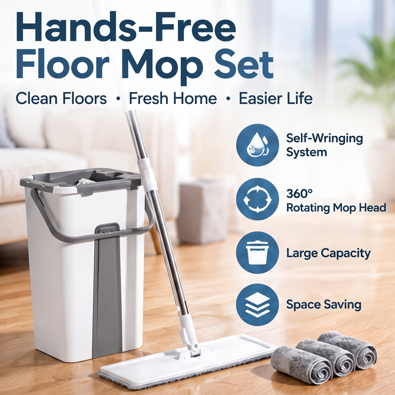 Hands-Free Flat Mop & Bucket Set with 3 Washable Pads | DropshipVIP — main product image